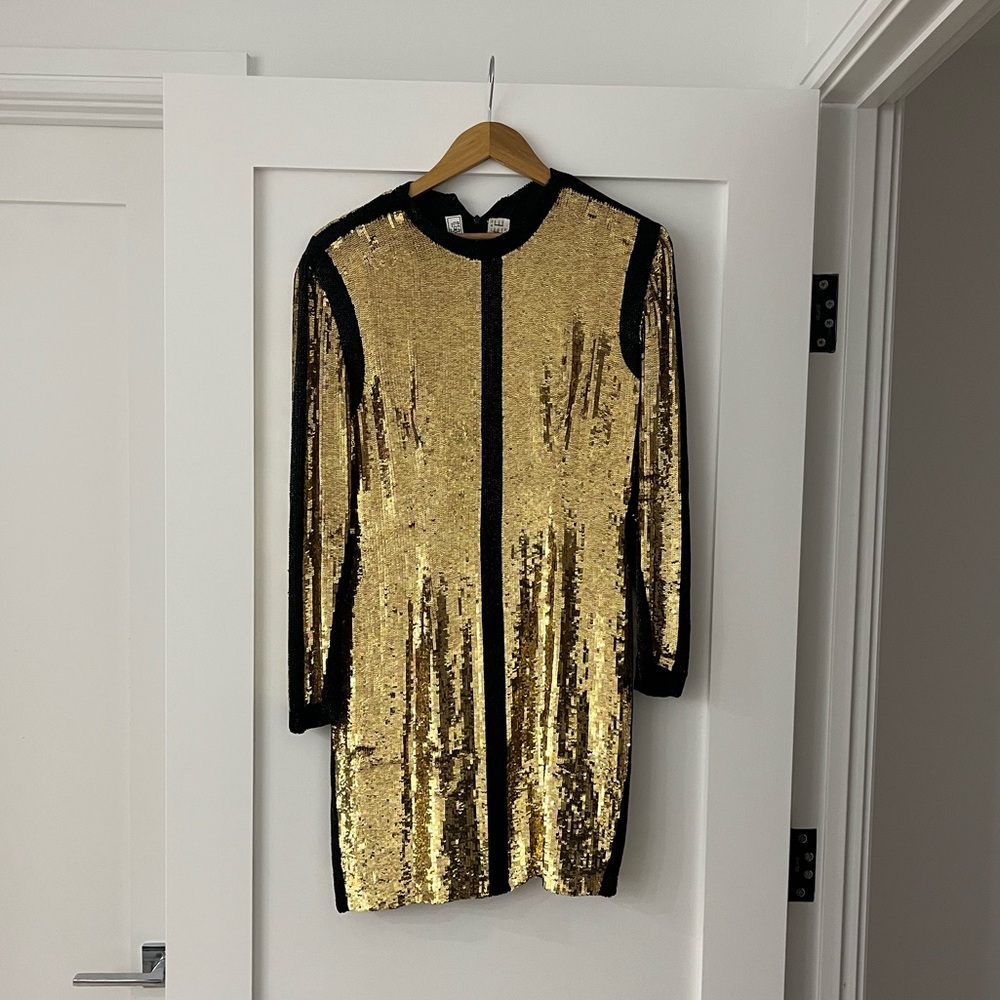 Naeem Khan Gold and Black Sequin Long Sleeve Dress
